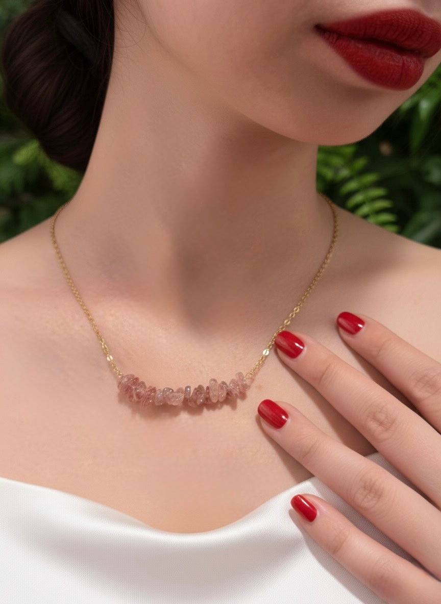 natural strawberry quartz necklace on neckline