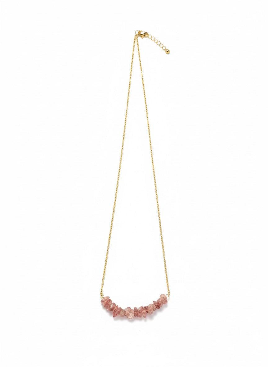 pink strawberry quartz chips with gold chain