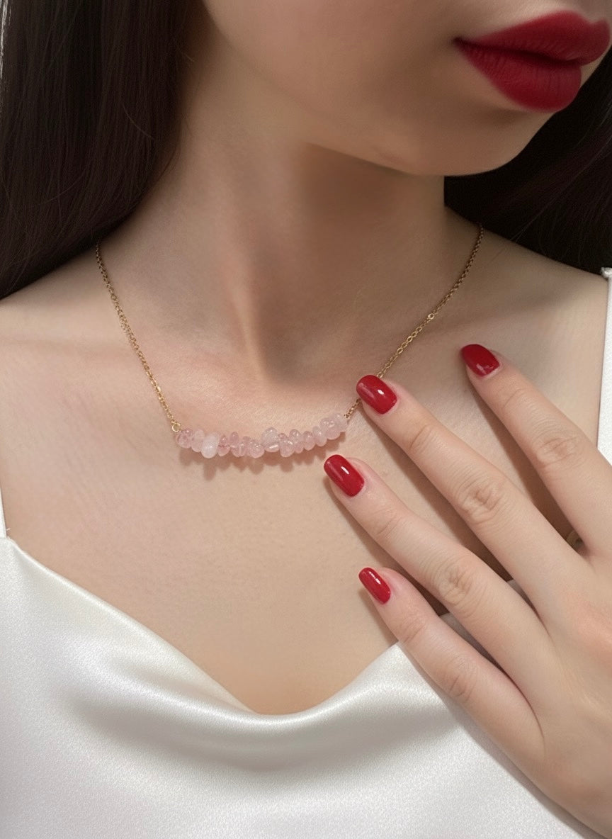 natural rose quartz necklace on neckline