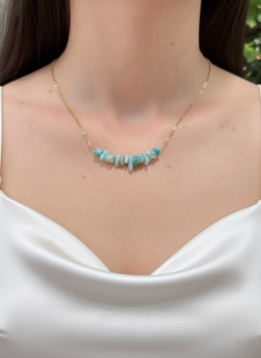 gold plated amazonite crystal chip necklace on model