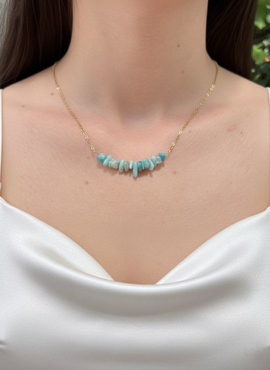 gold plated amazonite crystal chip necklace on model