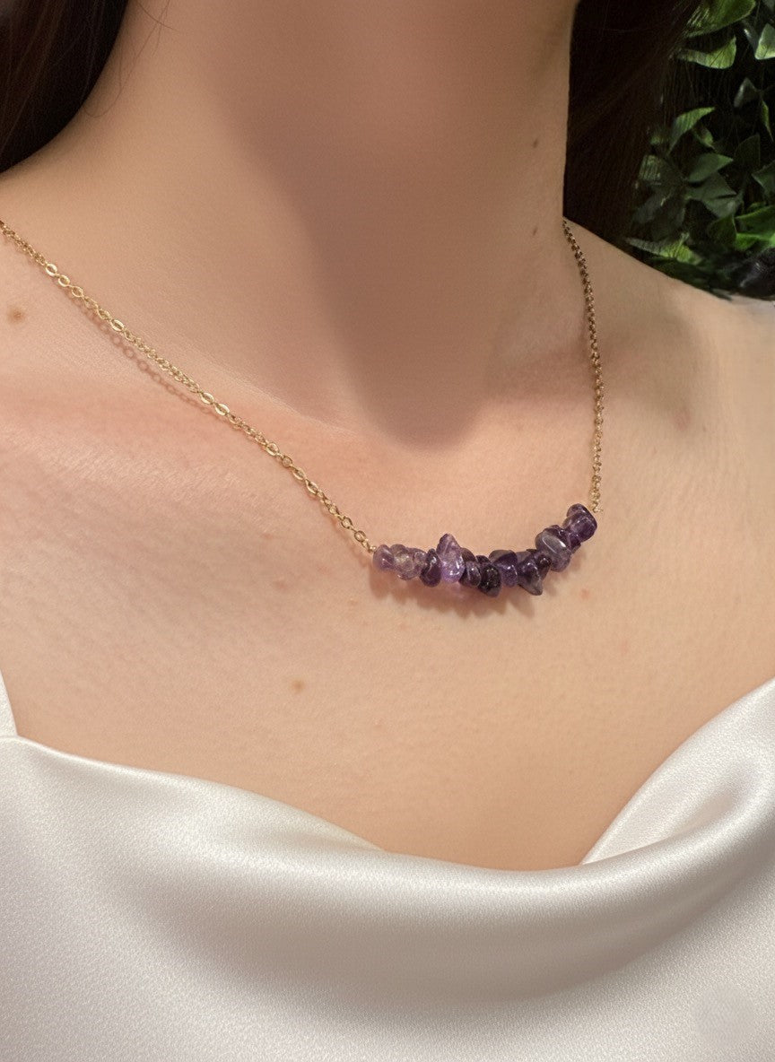 gold plated amethyst crystal chip necklace on model