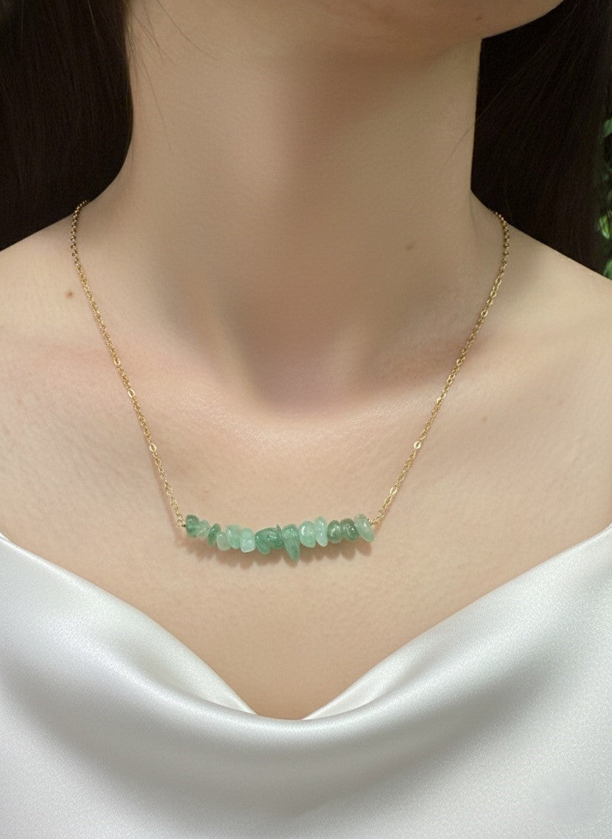 gold plated green aventurine crystal chip necklace on model