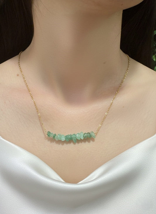 gold plated green aventurine crystal chip necklace on model