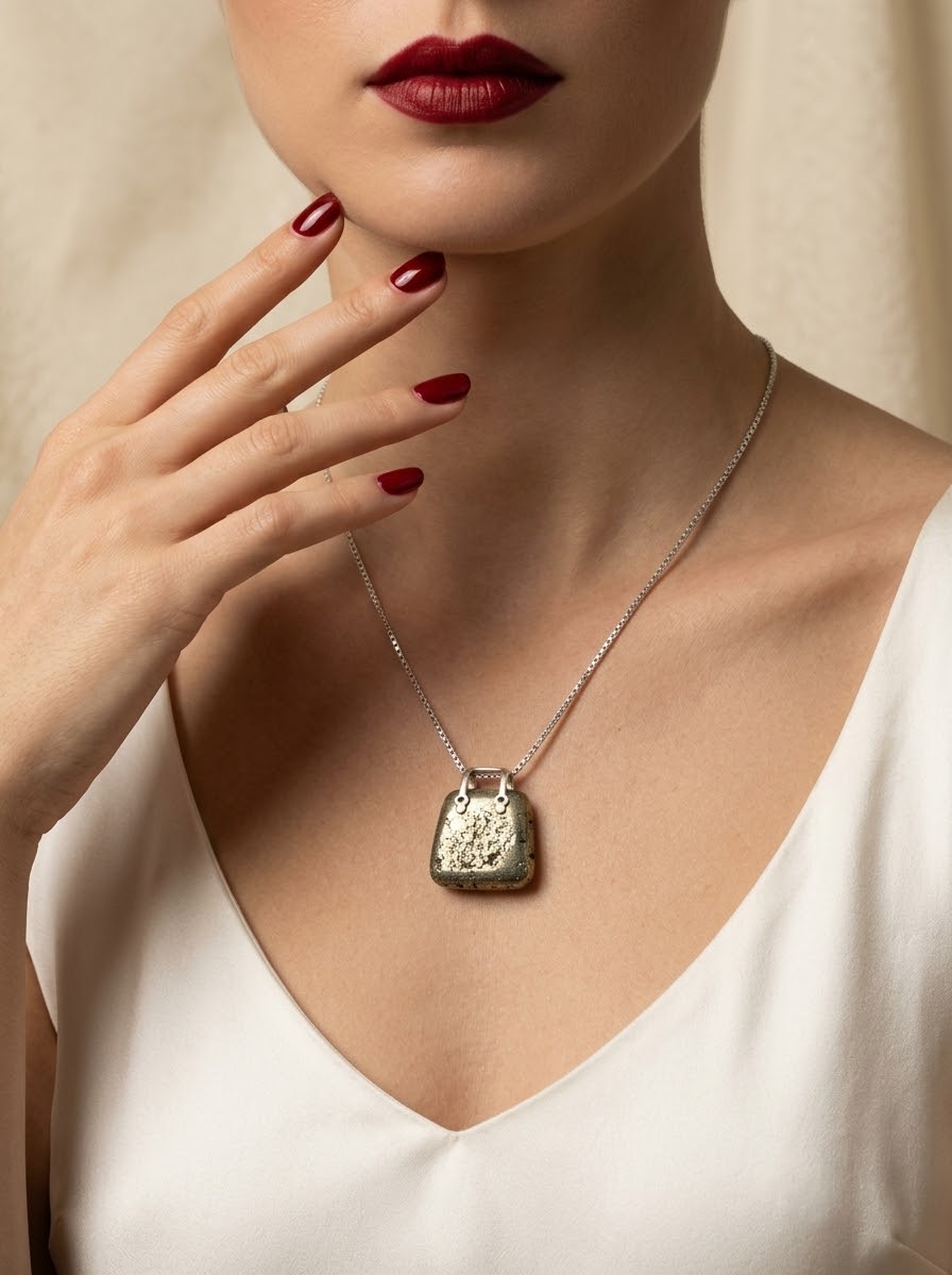 Gilded Fortune Pyrite Handbag Necklace – 925 Sterling Silver