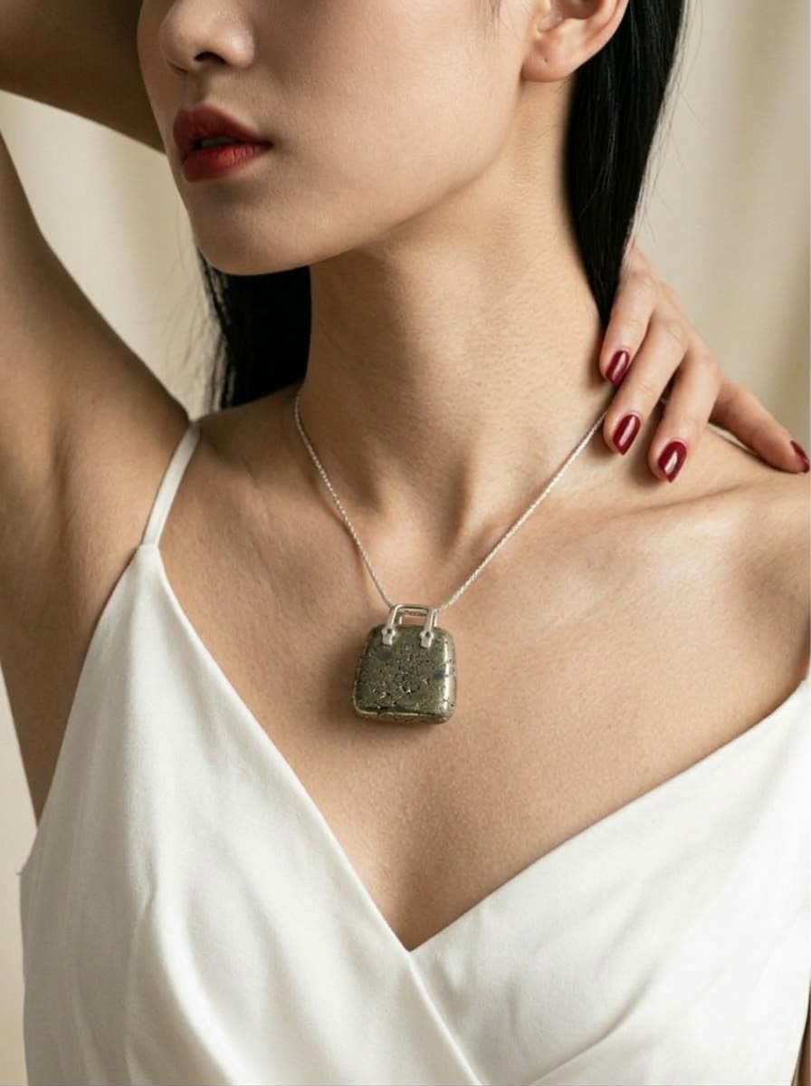 Gilded Fortune Pyrite Handbag Necklace – 925 Sterling Silver