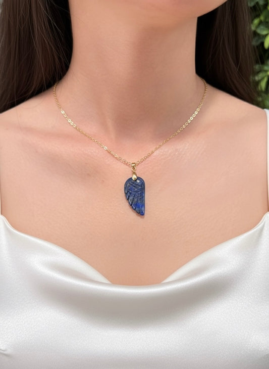 gold plated lapis lazuli angel wing pendant necklace on model