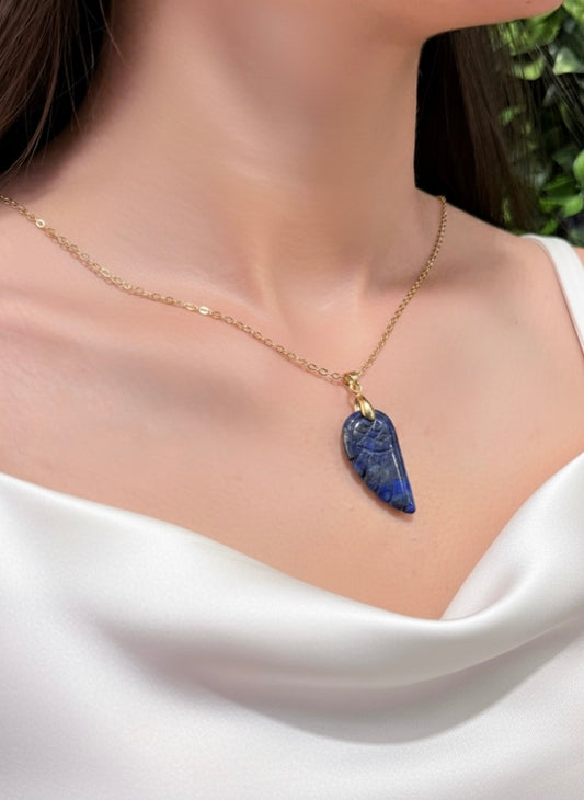 carved lapis lazuli angel wing pendant with gold chain