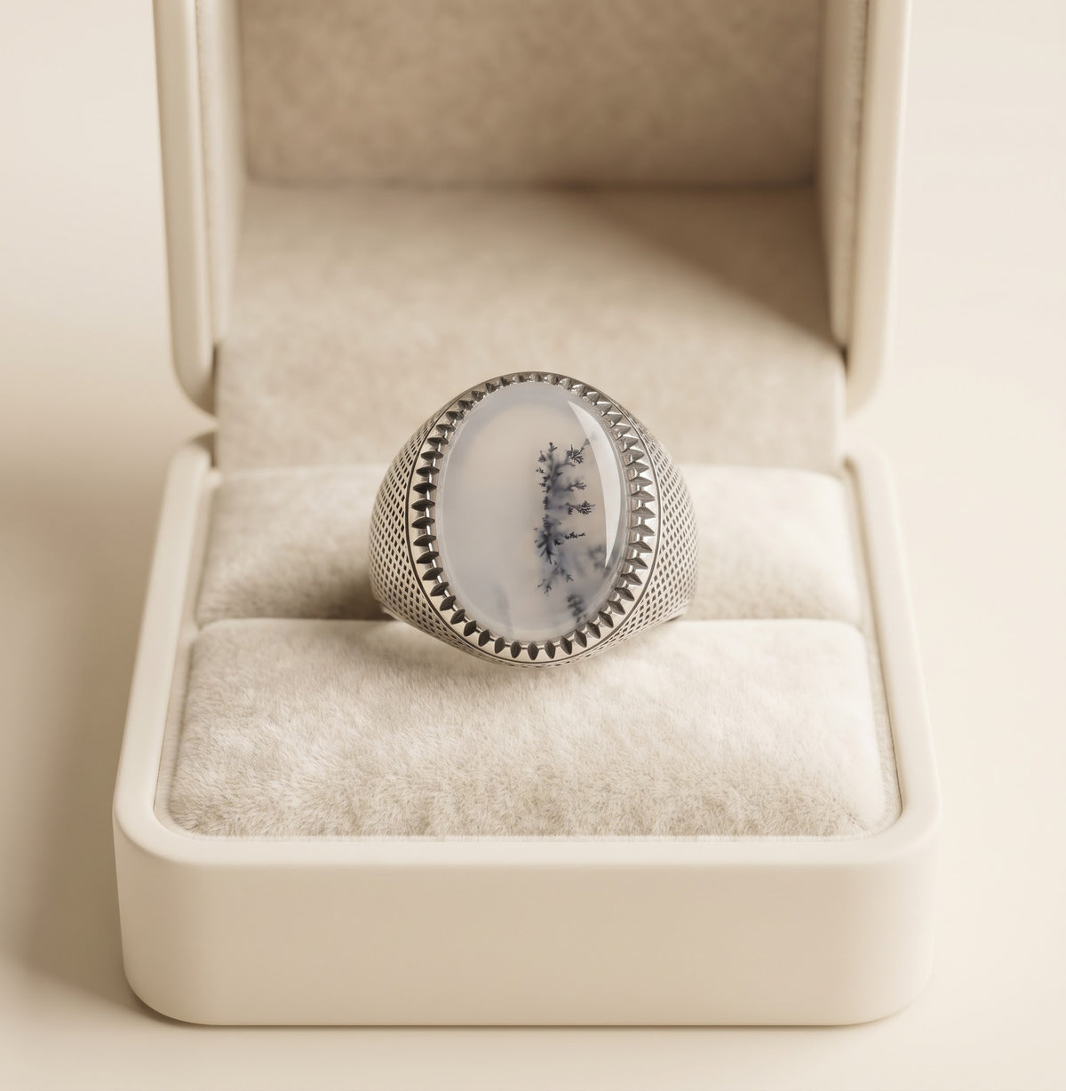 Ivory Dendrite White Aqeeq Men’s Ring – 925 Sterling Silver