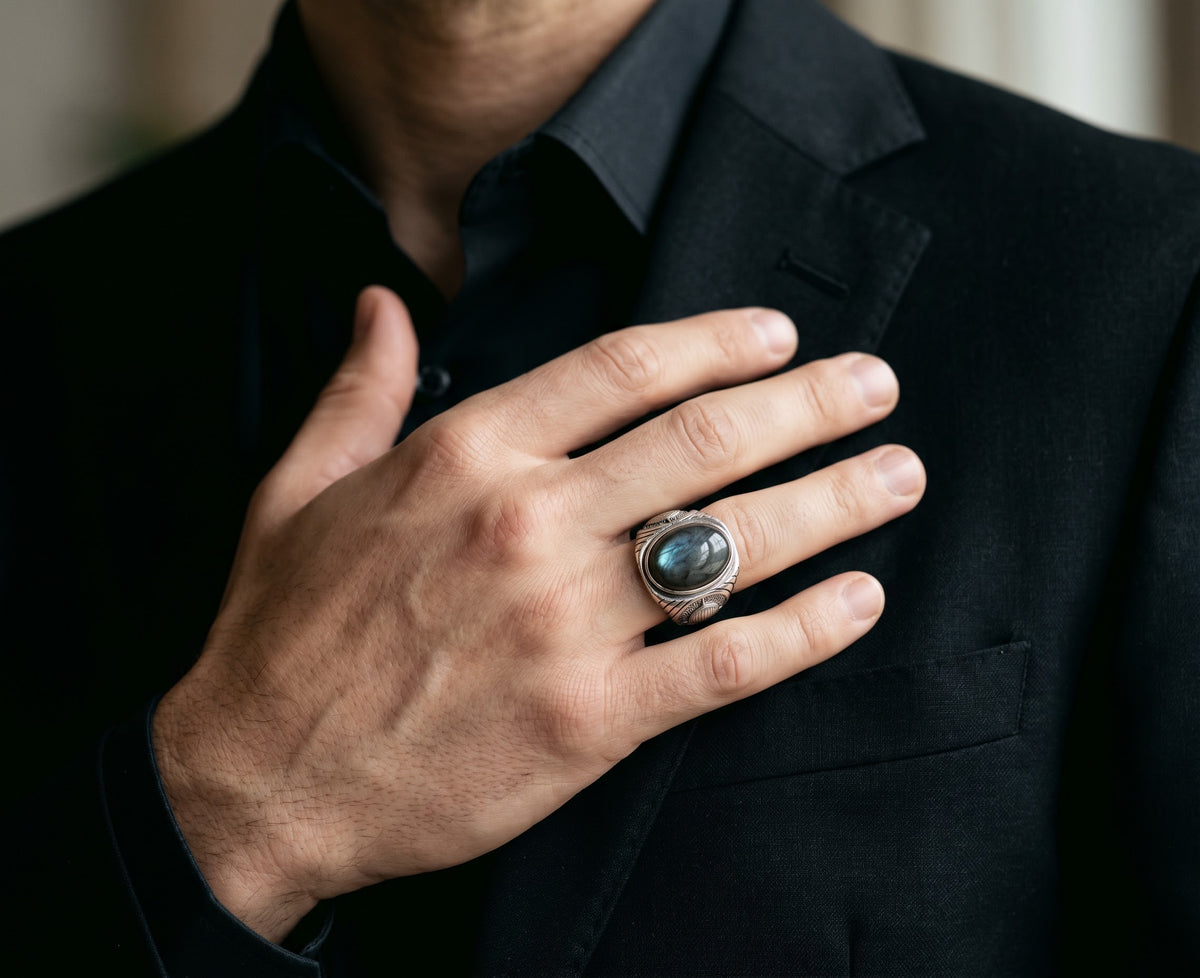 Midnight Aurora Labradorite Men’s Ring – 925 Sterling Silver