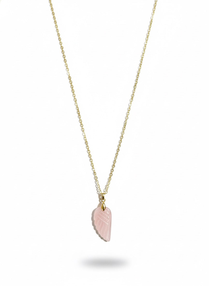 natural rose quartz wing necklace close up
