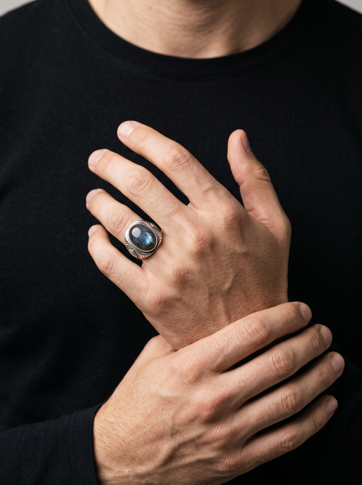 Midnight Aurora Labradorite Men’s Ring – 925 Sterling Silver