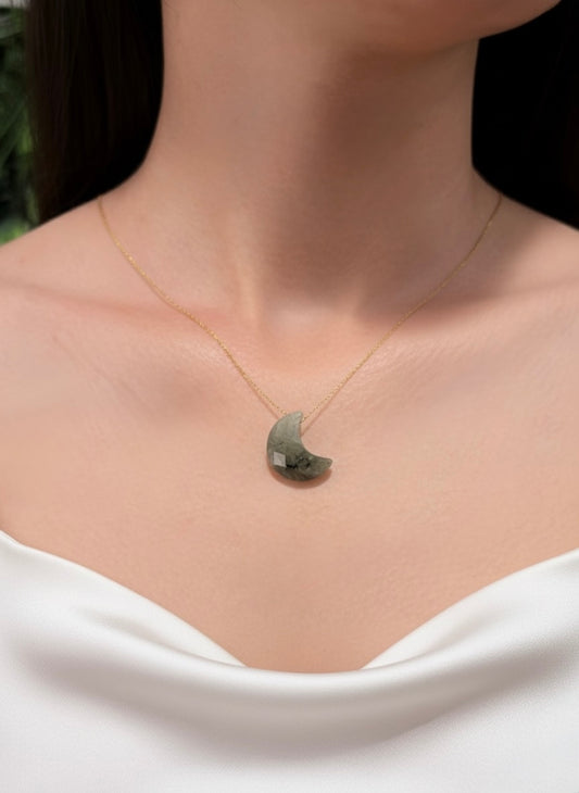 gold plated labradorite moon pendant necklace on model