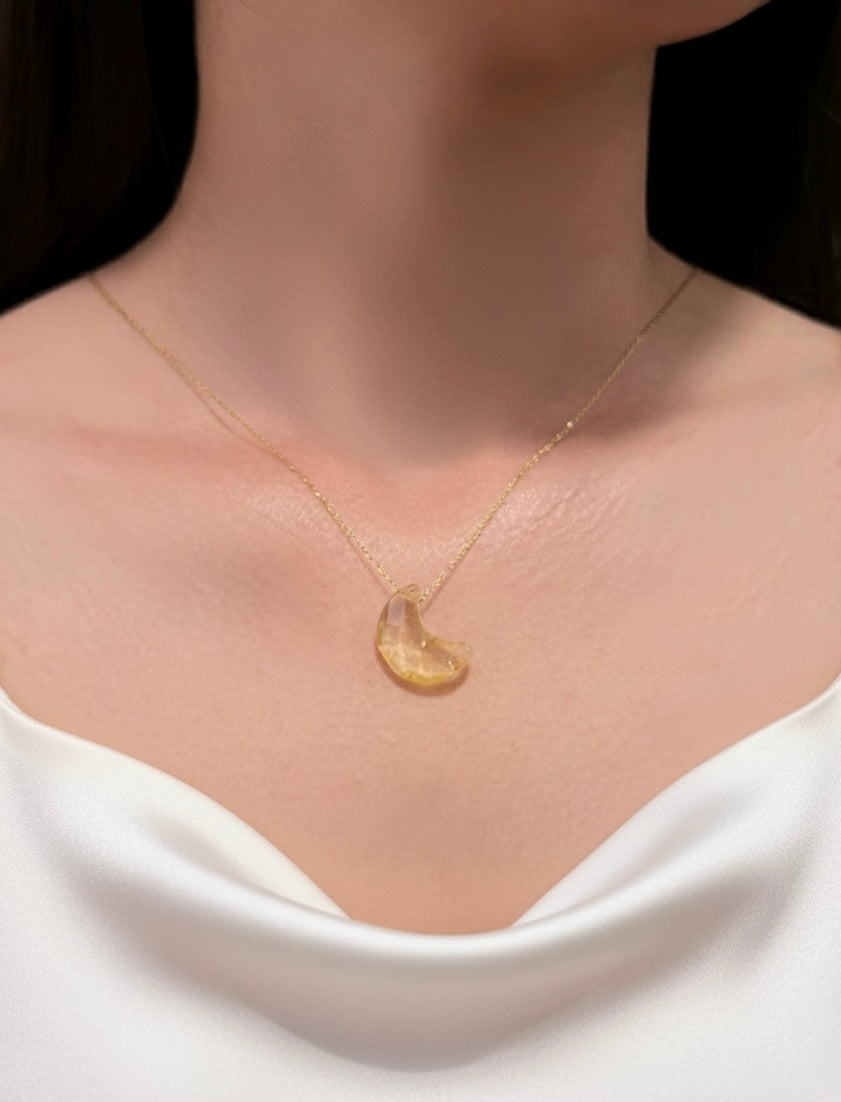 gold plated citrine moon pendant necklace on model