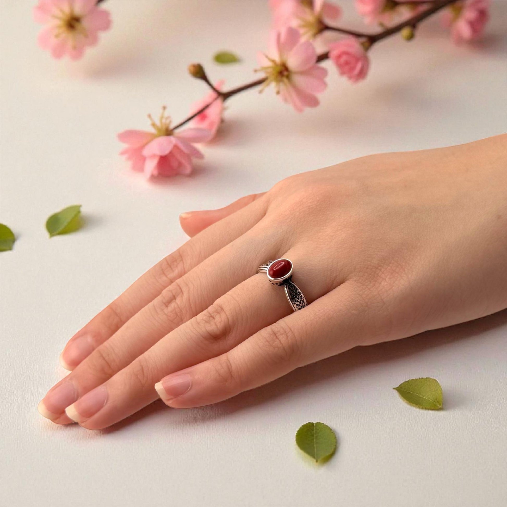 silver red stone ring