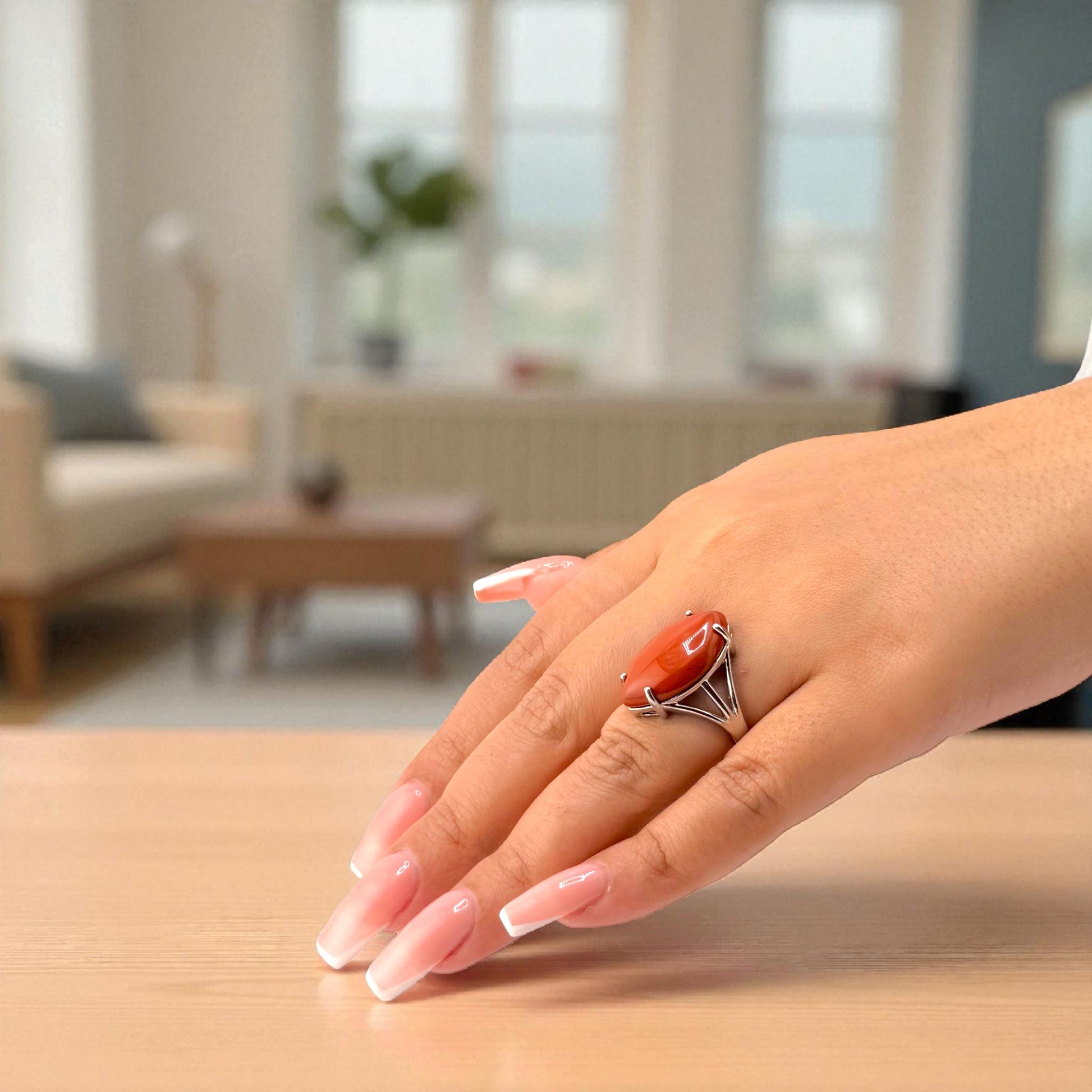 silver red jasper marquise ring on display