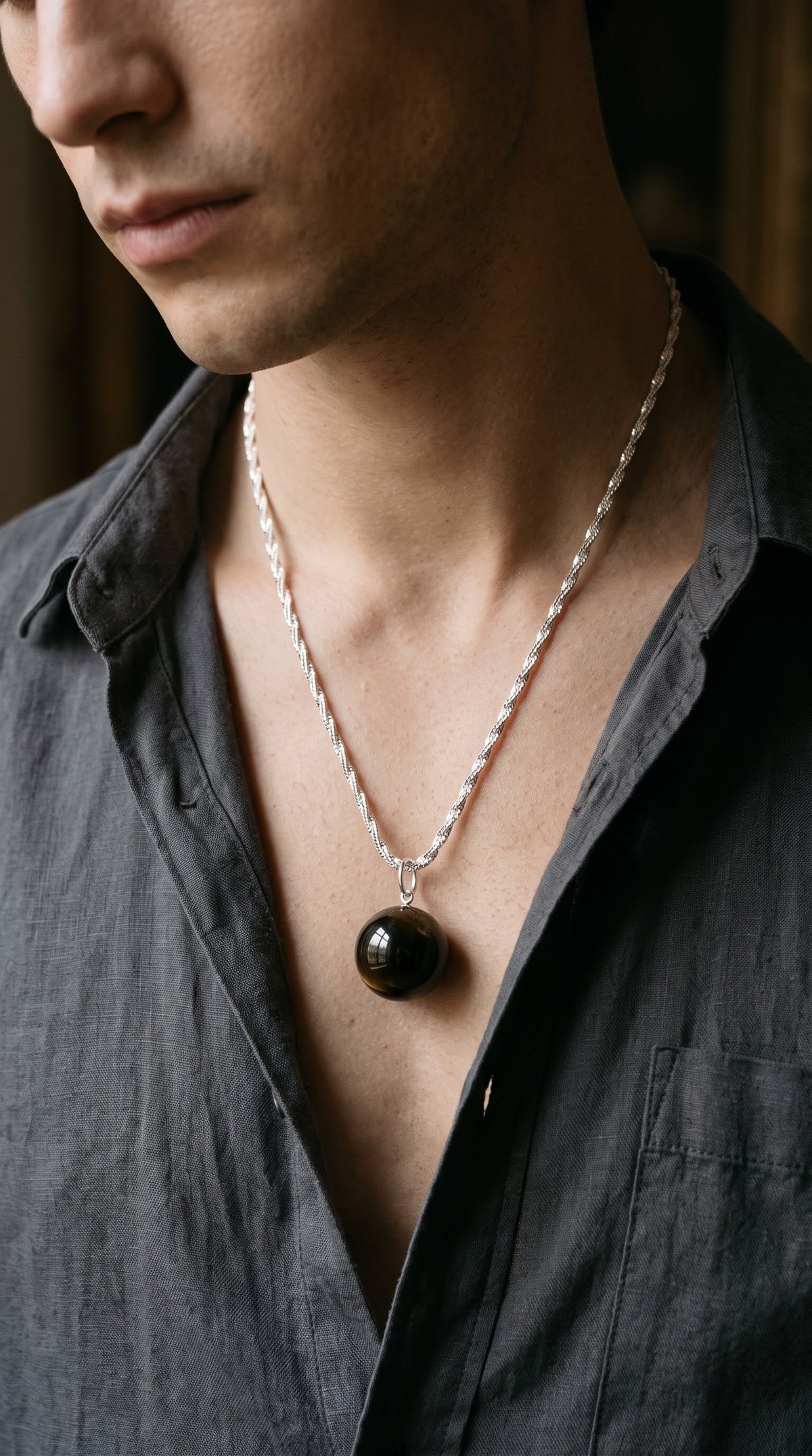 Obsidian Ember Tiger Eye Men’s Necklace – 925 Sterling Silver