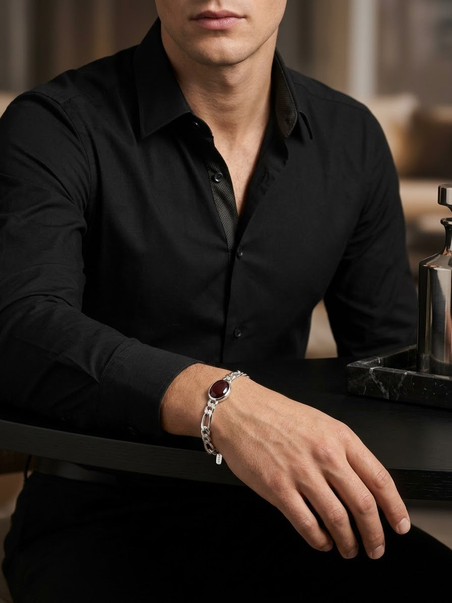 Crimson Sovereign Aqeeq Men’s Bracelet – 925 Sterling Silver