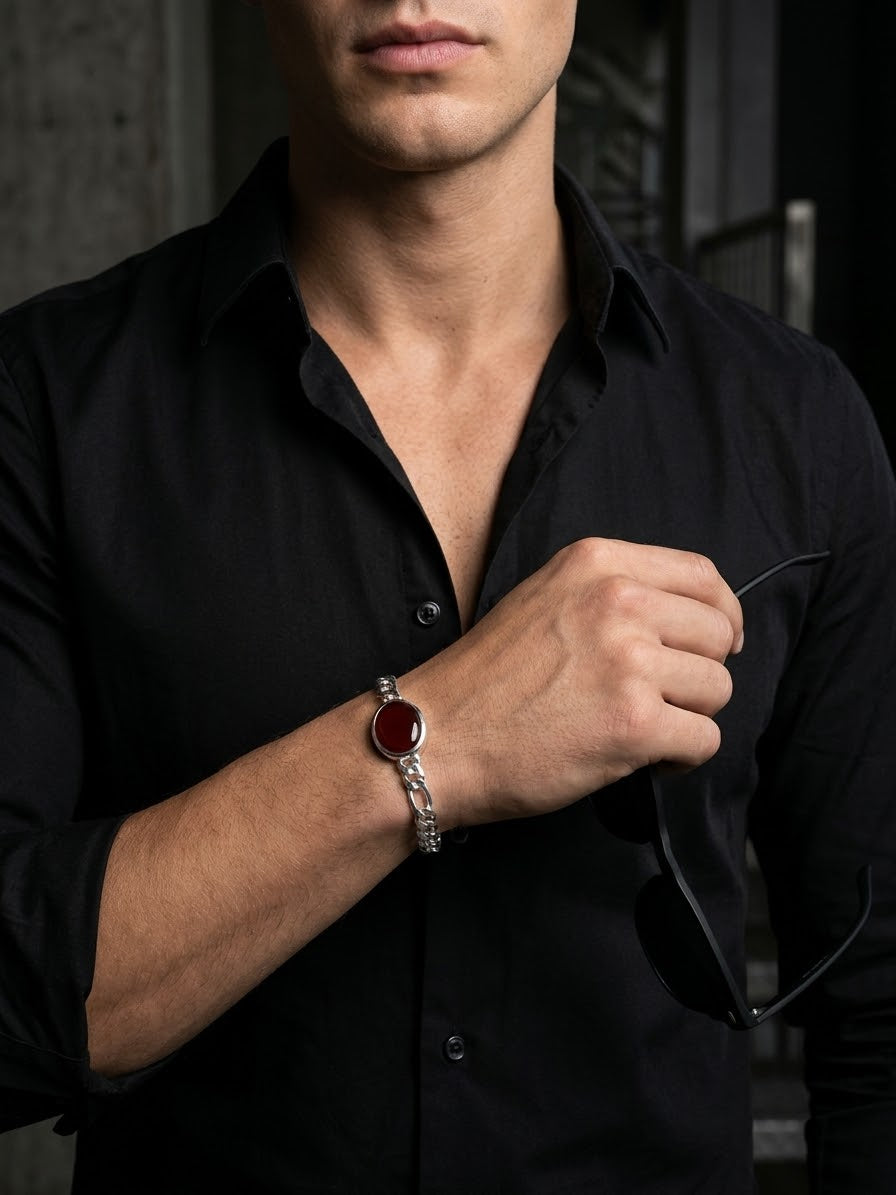 Crimson Sovereign Aqeeq Men’s Bracelet – 925 Sterling Silver