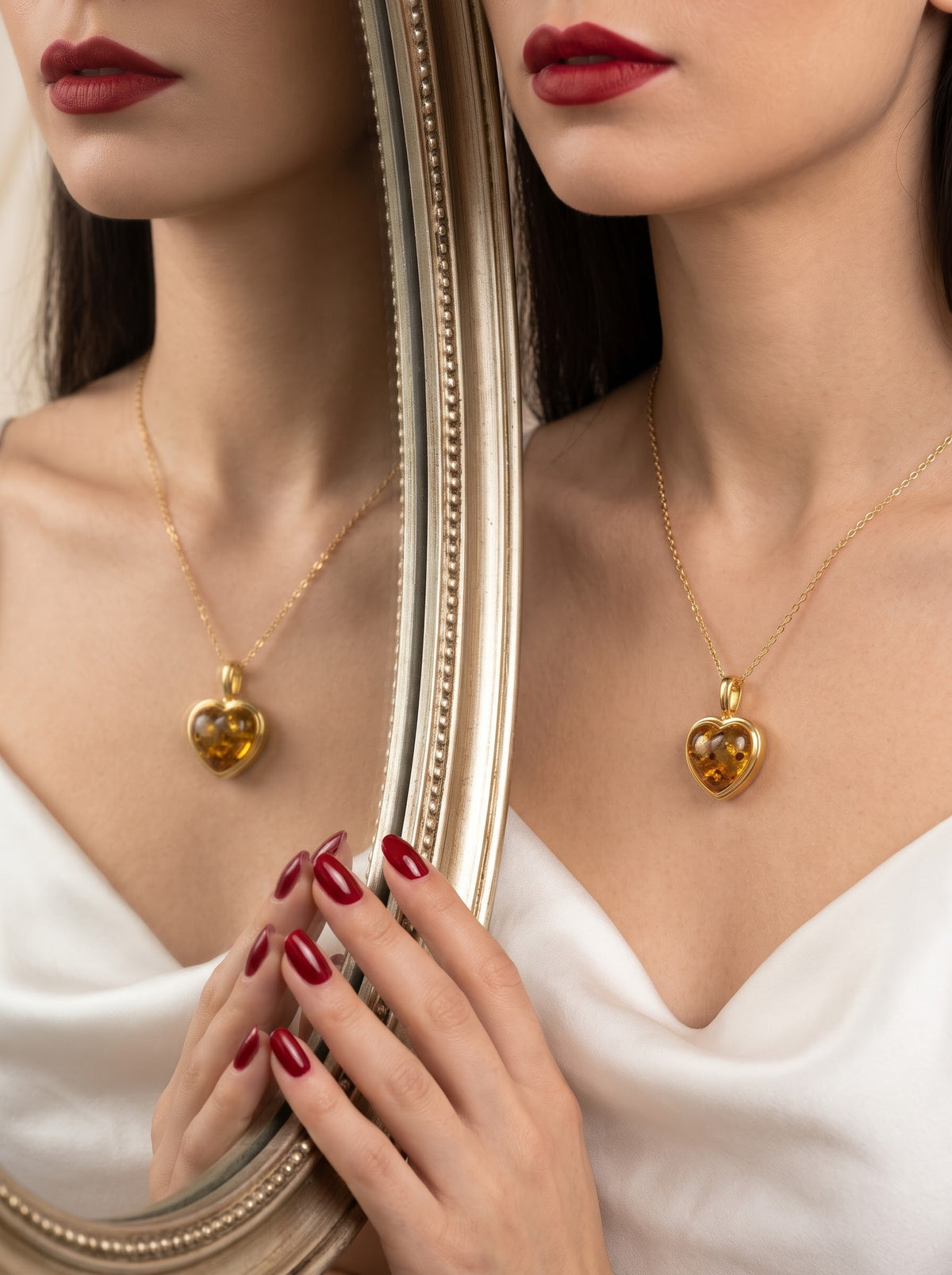 Golden Ember Amber Heart Necklace – 925 Sterling Silver
