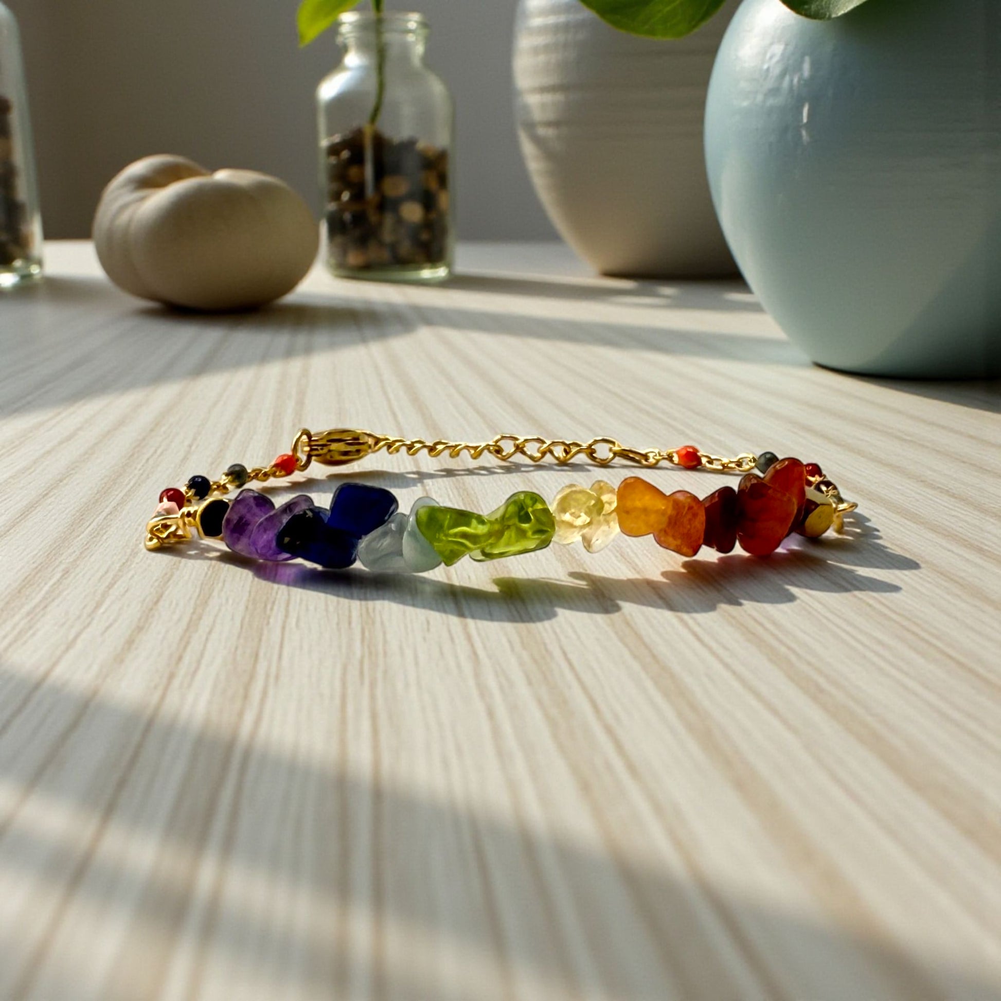 chakra stones bracelet with gold chain