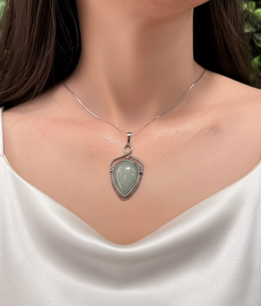 green aventurine vintage pendant necklace on model