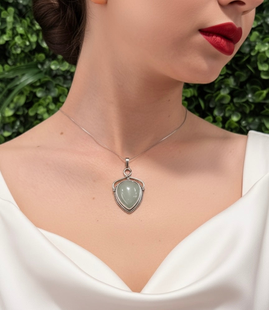 silver plated aventurine necklace on neckline