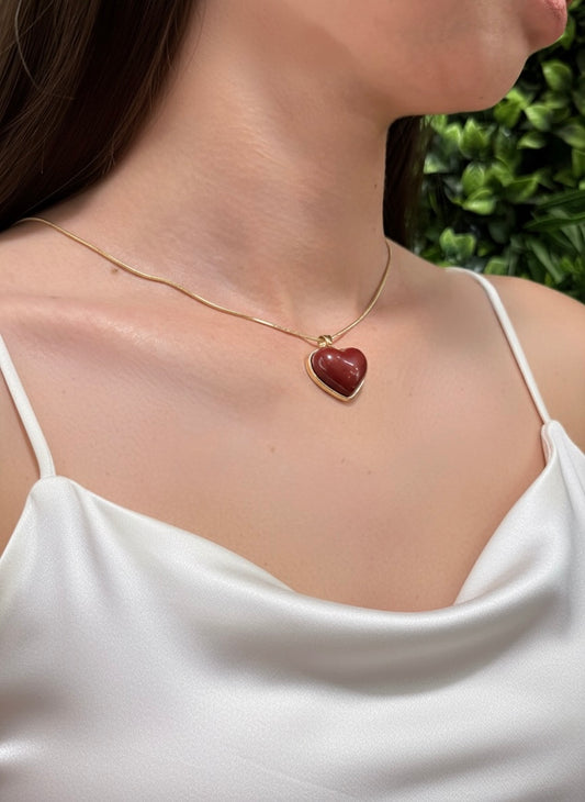 gold plated red jasper heart necklace close up