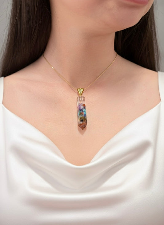 seven chakra crystal pendant necklace on model