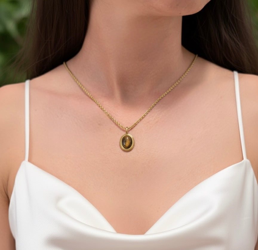 tiger eye gold plated pendant necklace on model
