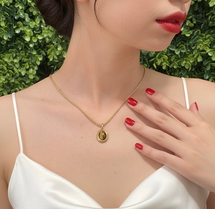 protective tiger eye necklace on neckline