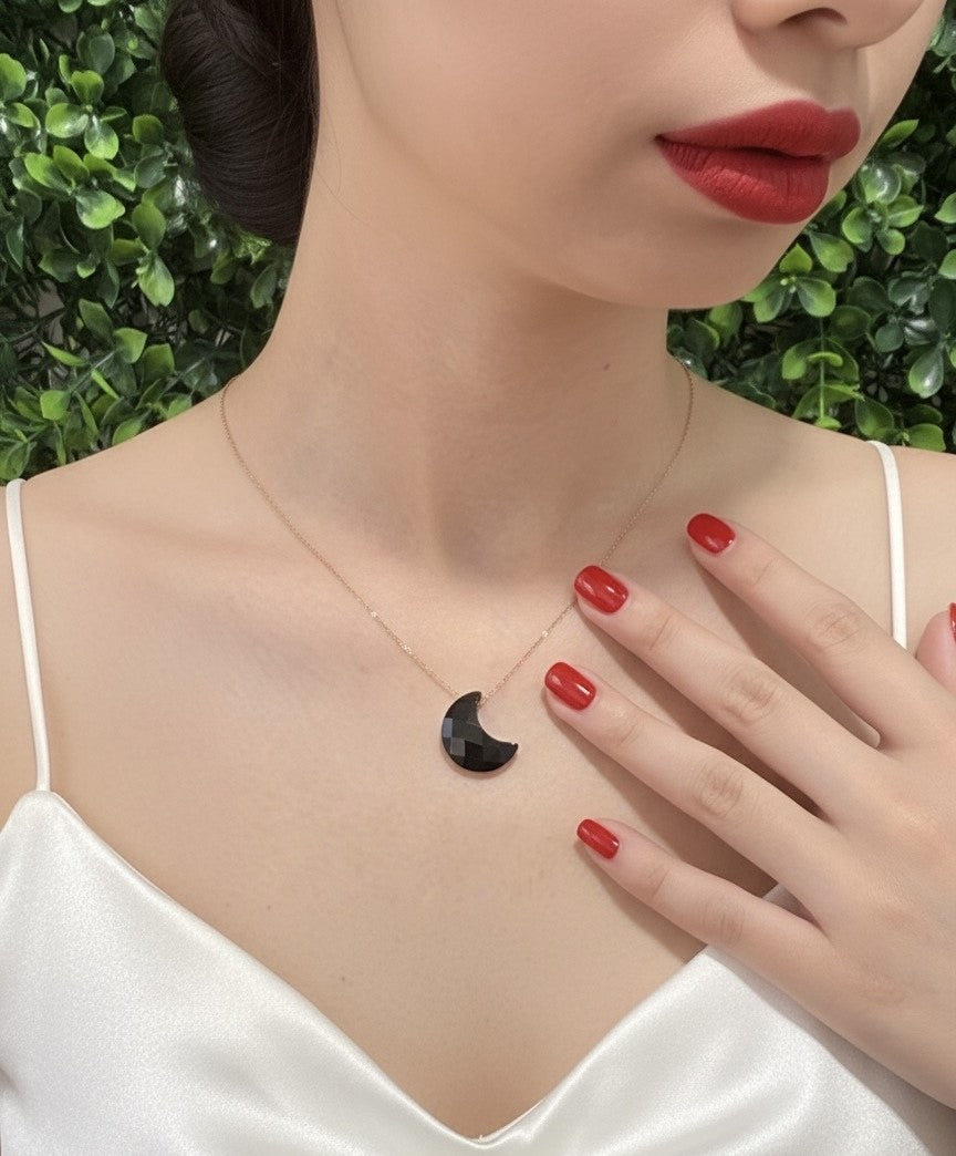 gold chain obsidian moon necklace