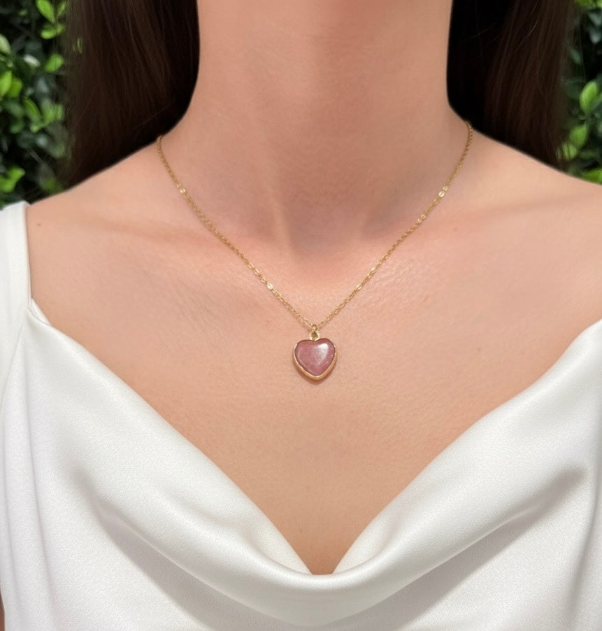 rhodonite heart necklace on model