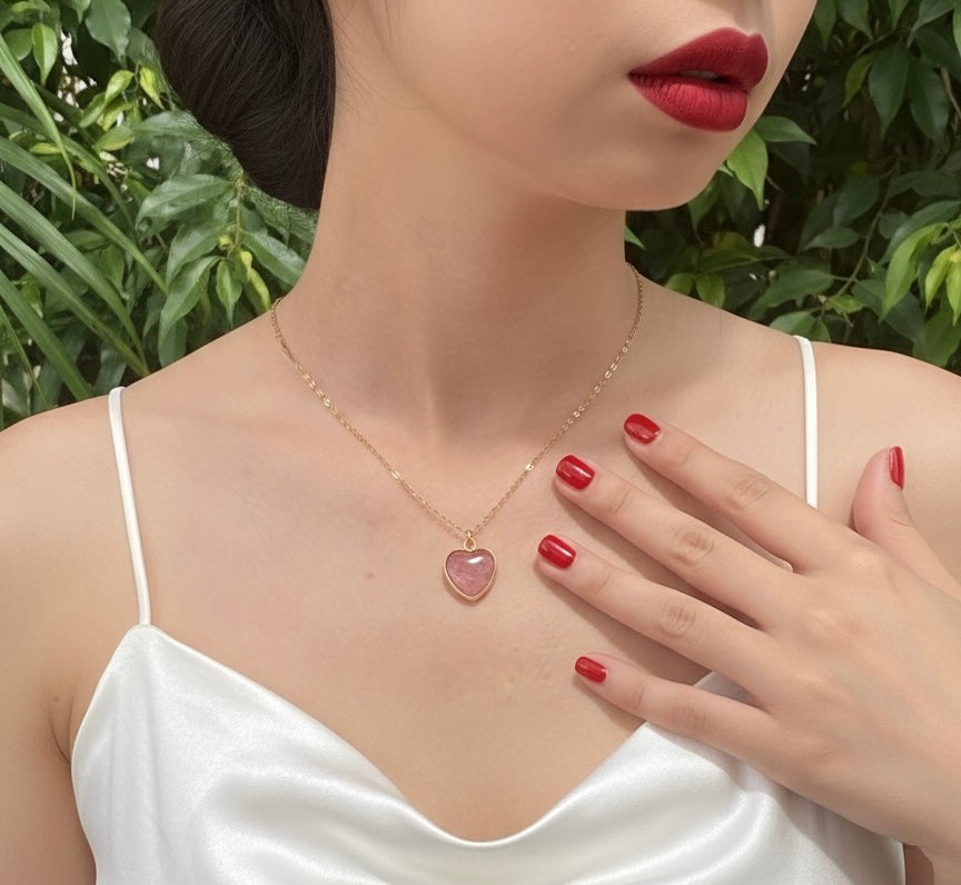 natural rhodonite crystal heart necklace