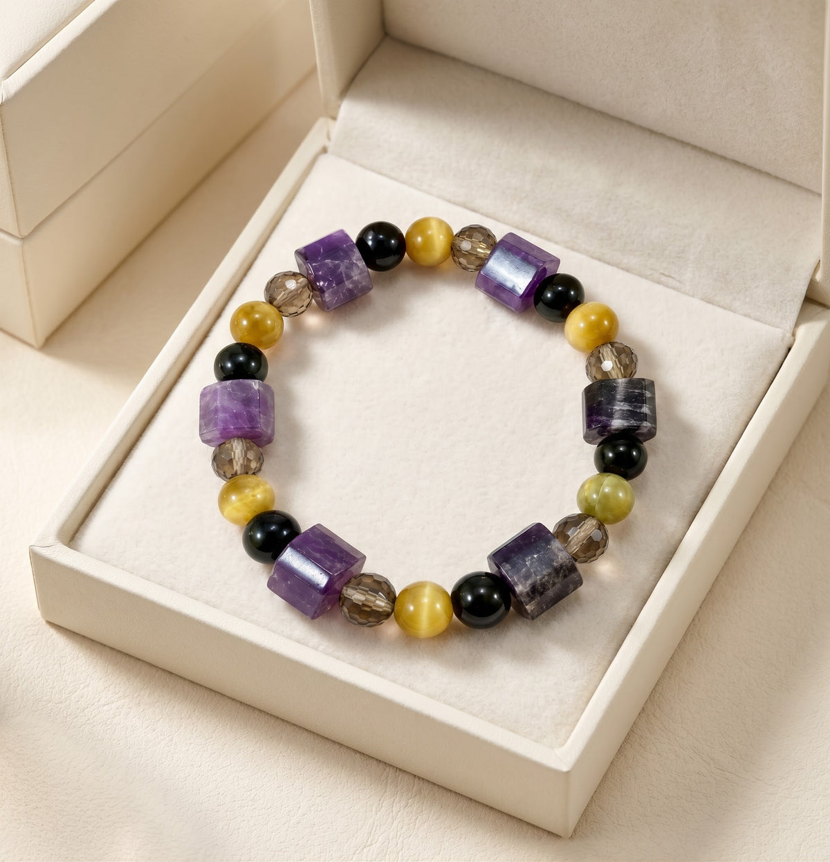 Midnight Radiance – Amethyst, Yellow Tiger Eye, Black Obsidian & Smoky Quartz Crystal Bracelet for Women