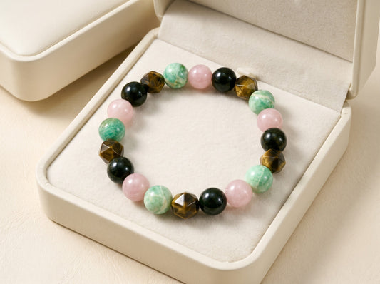 Blush & Evergreen – Rose Quartz, Tiger Eye, Black Obsidian & Green Opal Crystal Bracelet for Women