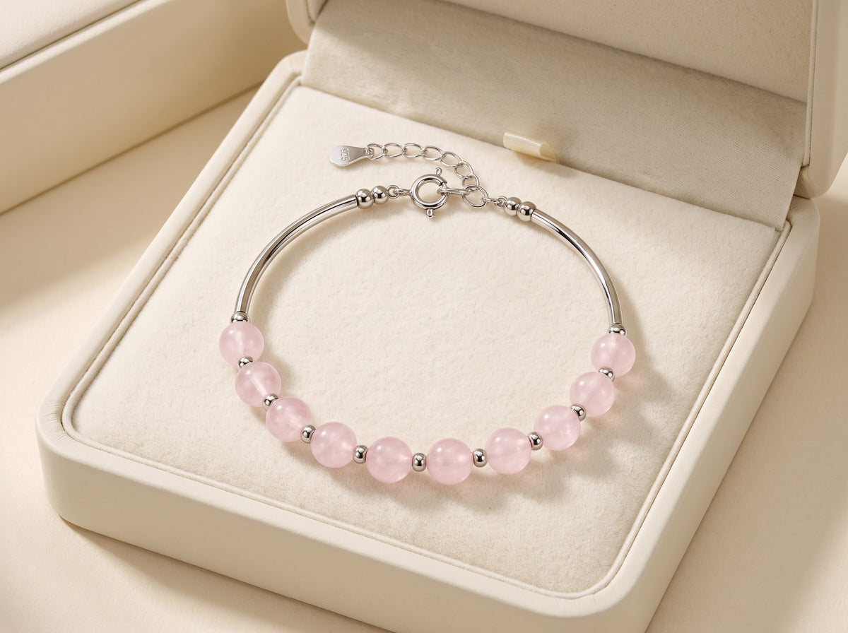 Rosé Serenity – Rose Quartz Crystal Bracelet for Women in Silver Finish