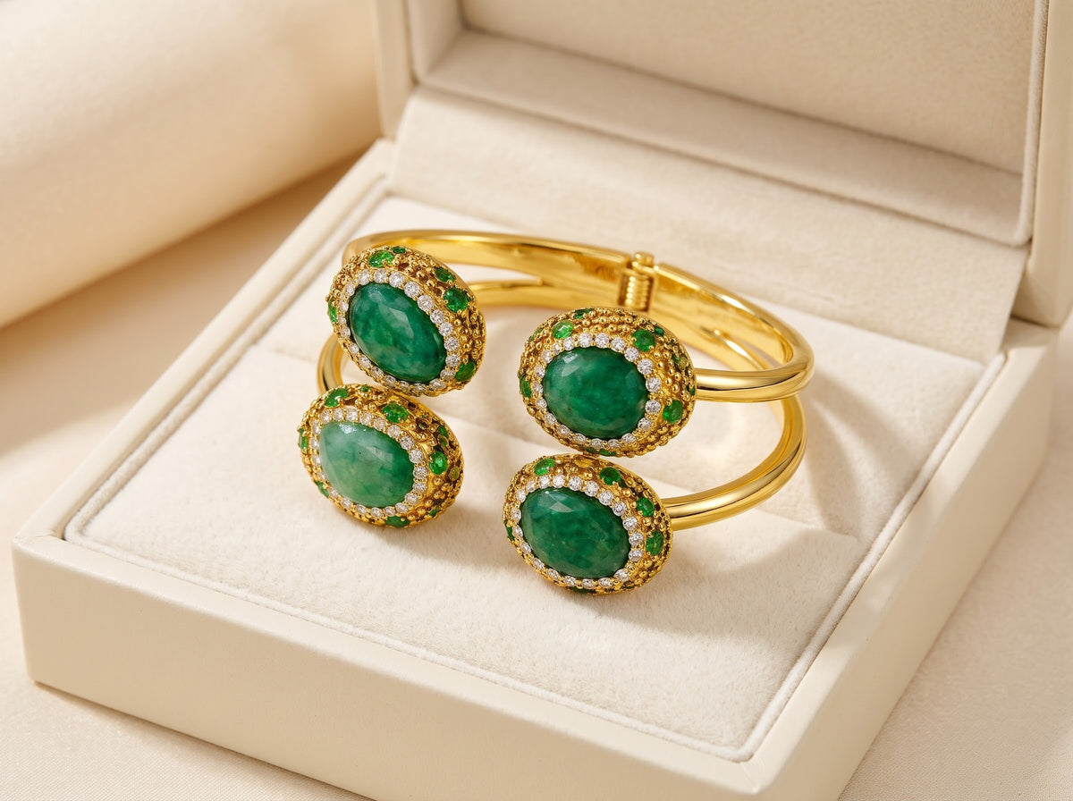 Verdant Majesty – Green Aventurine Gold-Plated Cuff Bracelet for Women