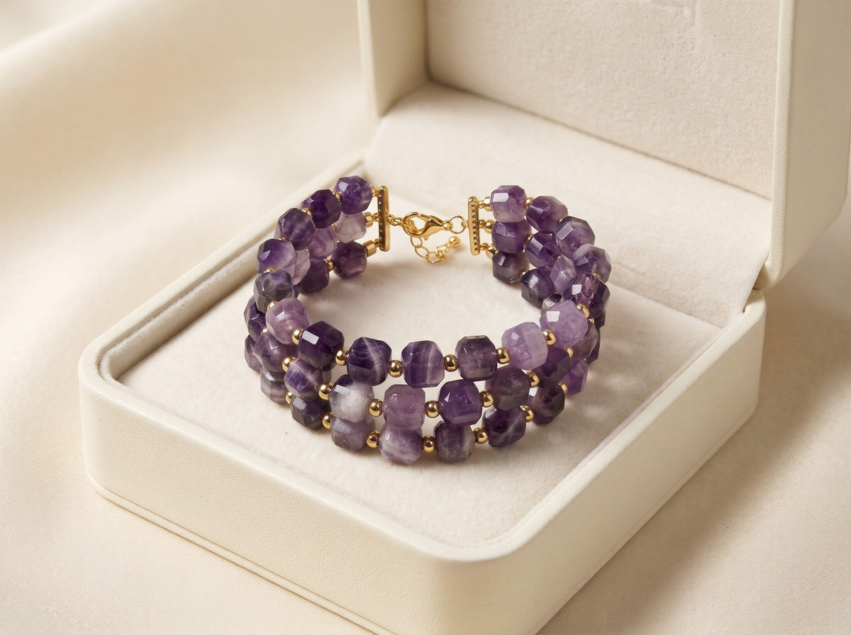 Amethyst Twilight – Multi-Strand Crystal Bracelet with Gold-Plated Accents