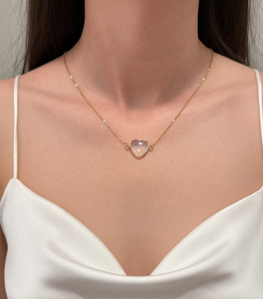 moonstone crystal heart pendant on neckline