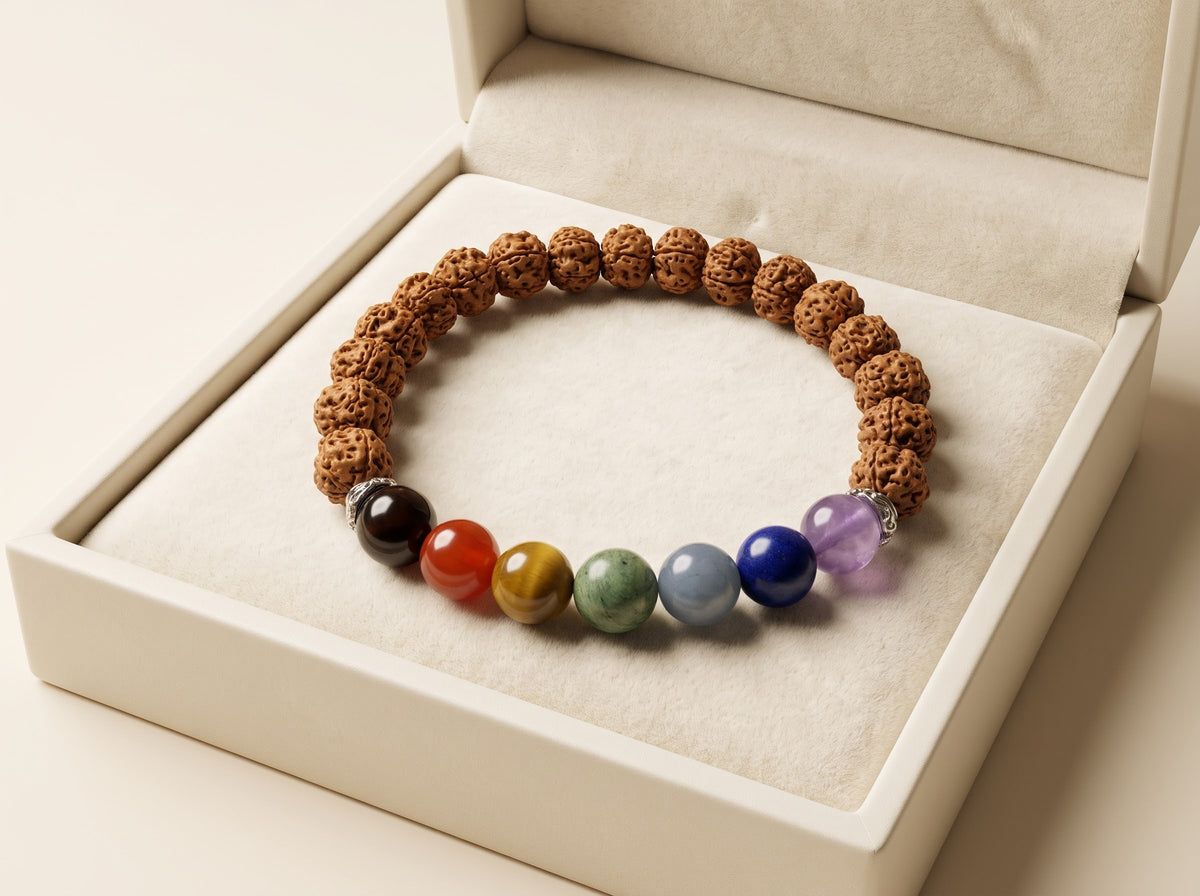 Sacred Harmony – Rudraksha & Seven Chakra Bracelet for Women