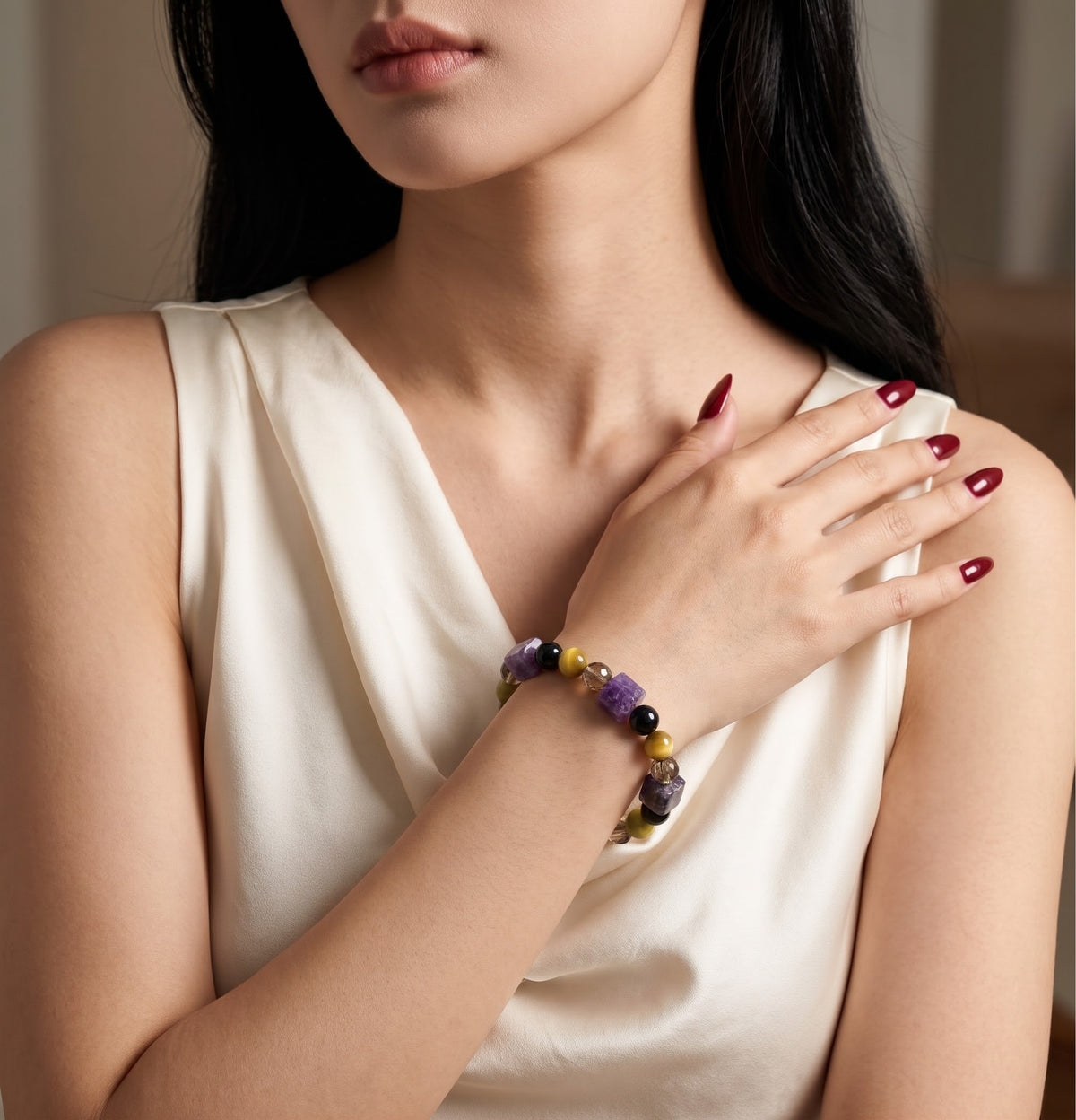 Midnight Radiance – Amethyst, Yellow Tiger Eye, Black Obsidian & Smoky Quartz Crystal Bracelet for Women