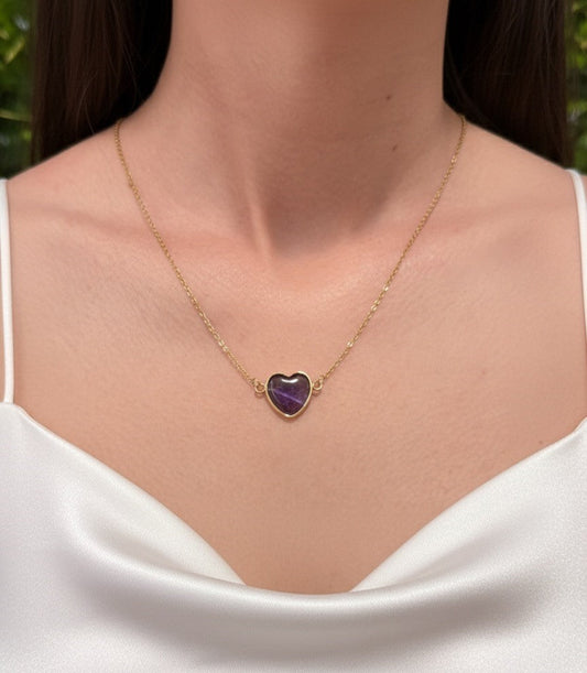 amethyst heart necklace on model