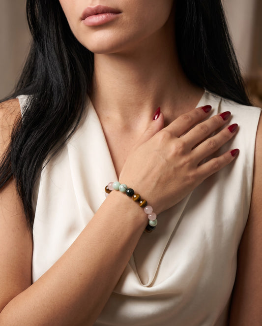 Blush & Evergreen – Rose Quartz, Tiger Eye, Black Obsidian & Green Opal Crystal Bracelet for Women