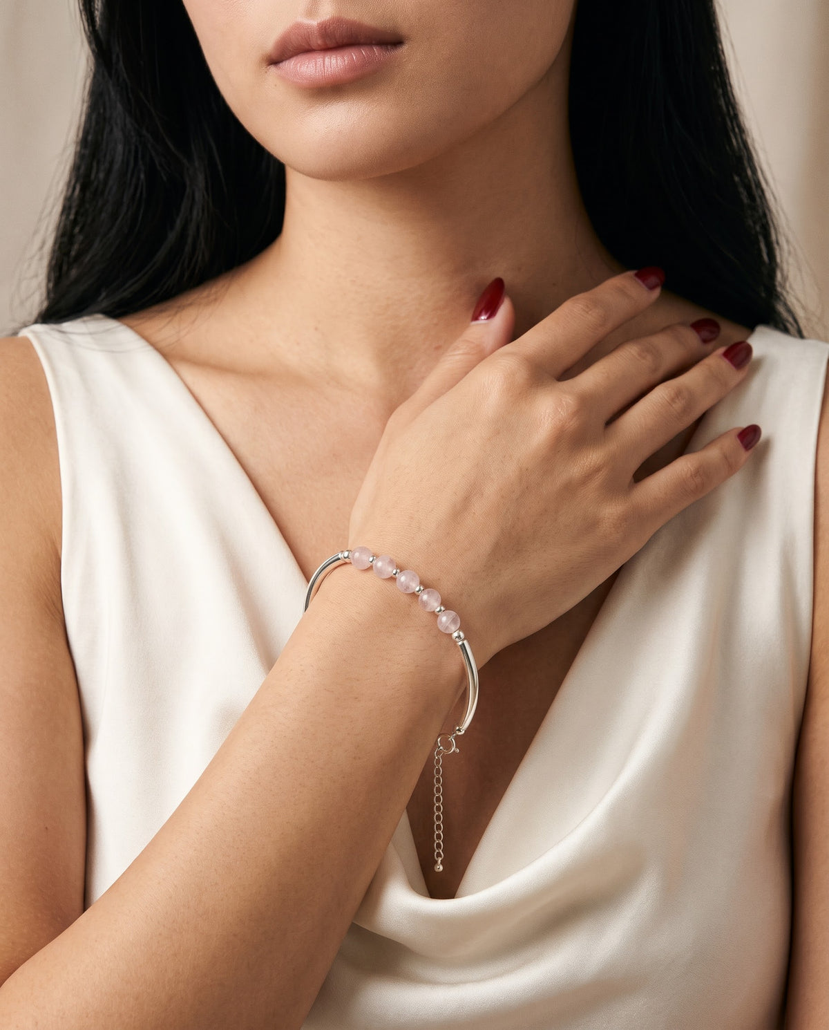 Rosé Serenity – Rose Quartz Crystal Bracelet for Women in Silver Finish