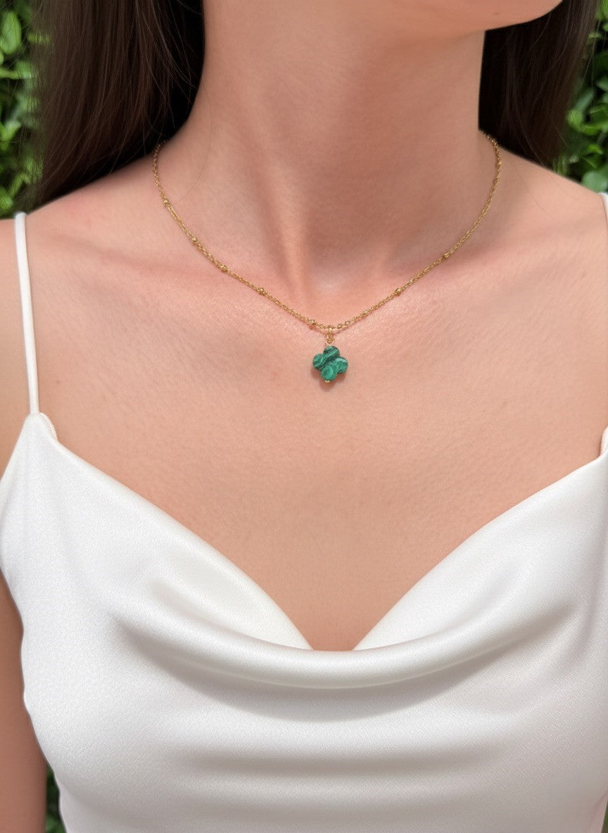 malachite clover necklace on model