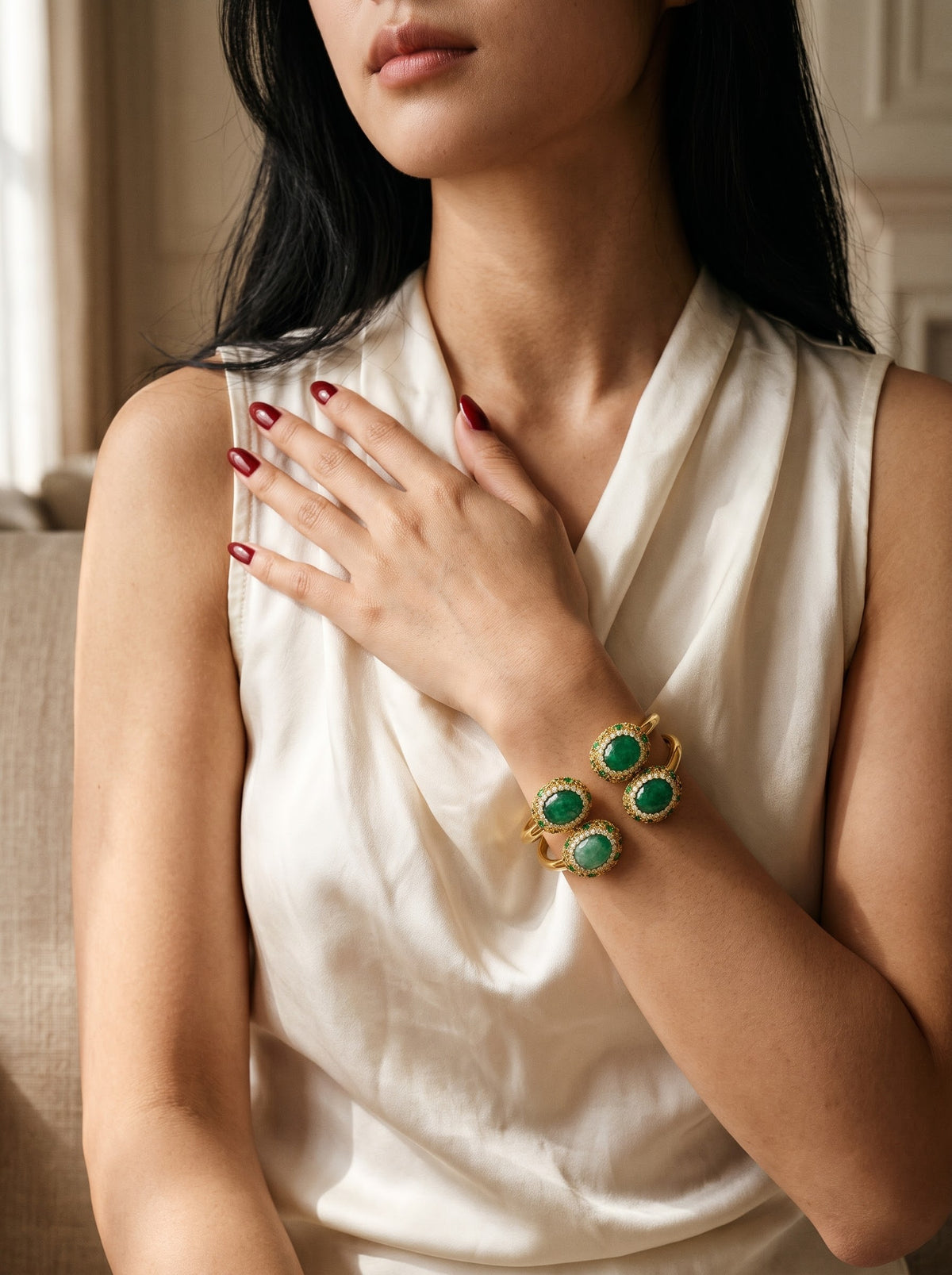 Verdant Majesty – Green Aventurine Gold-Plated Cuff Bracelet for Women