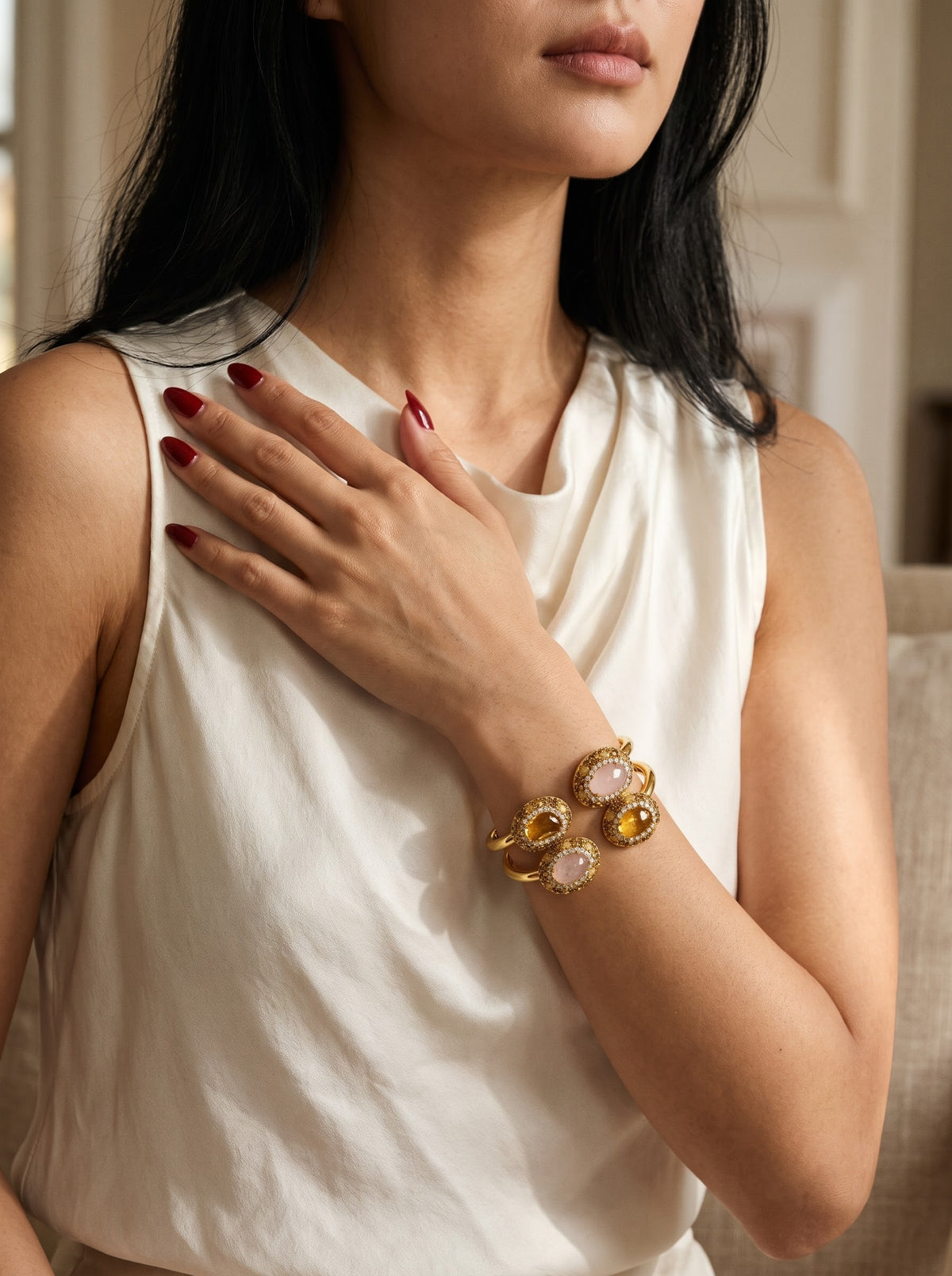 Verdant Majesty – Green Aventurine Gold-Plated Cuff Bracelet for Women
