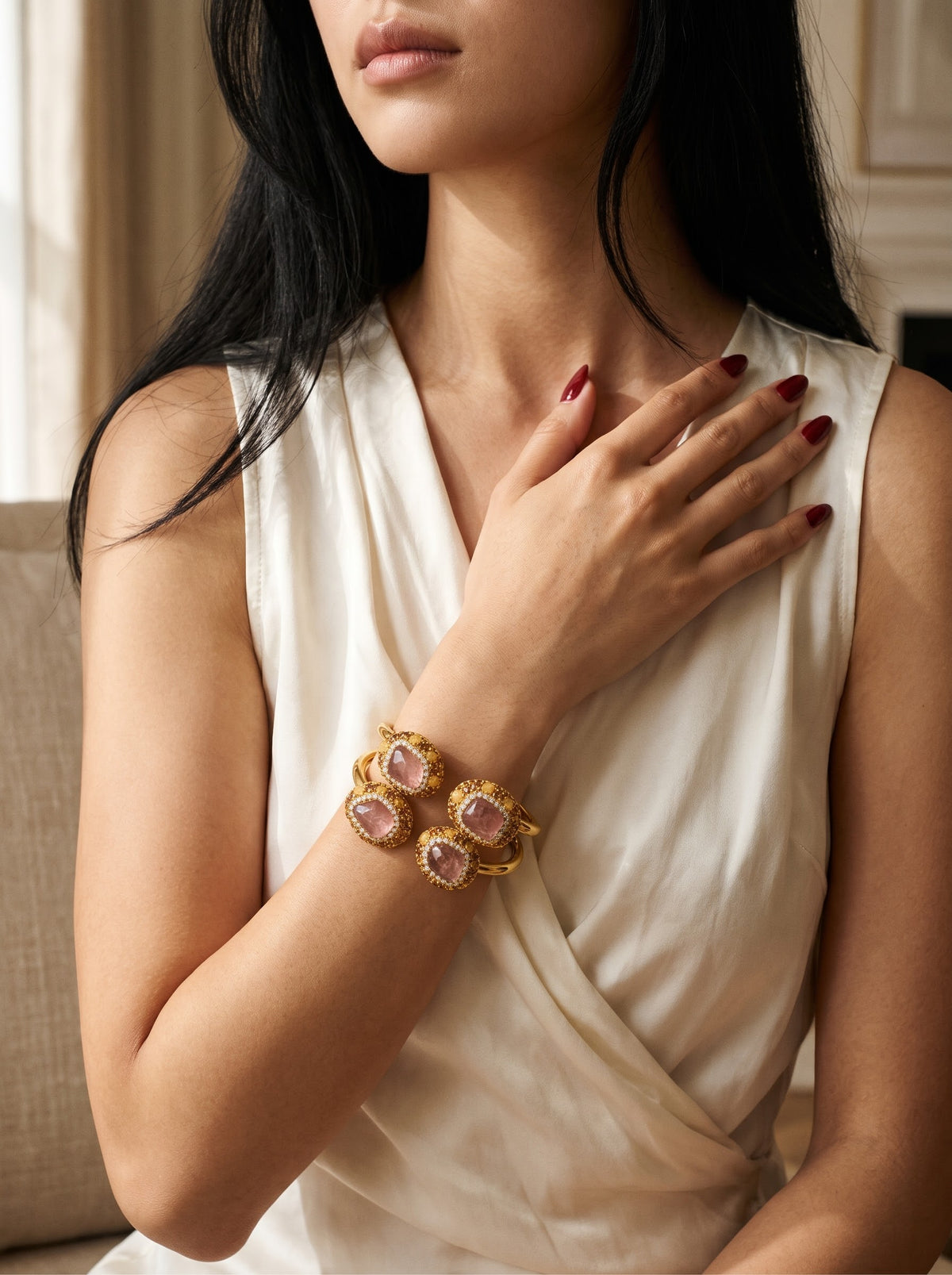 Rosewood Radiance – Rhodonite Gold-Plated Statement Bracelet for Women