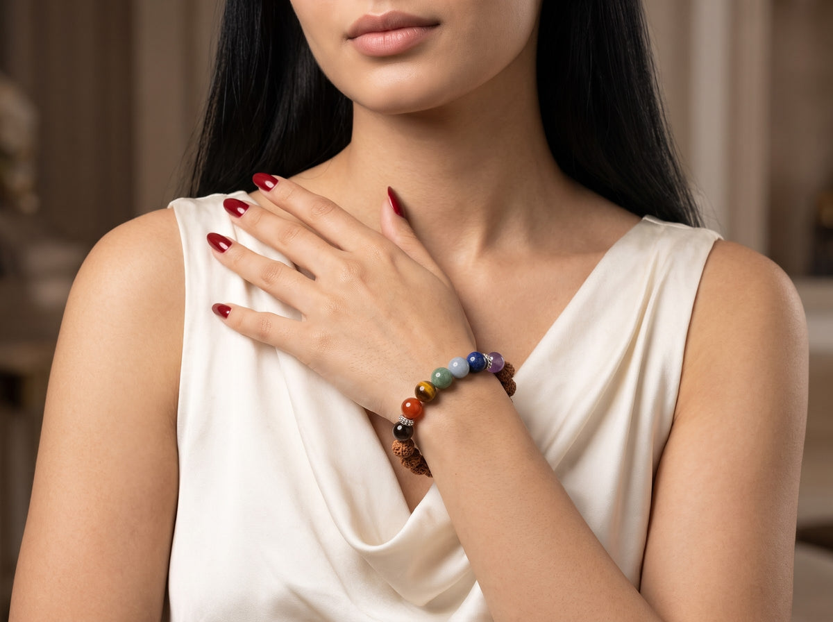 Sacred Harmony – Rudraksha & Seven Chakra Bracelet for Women